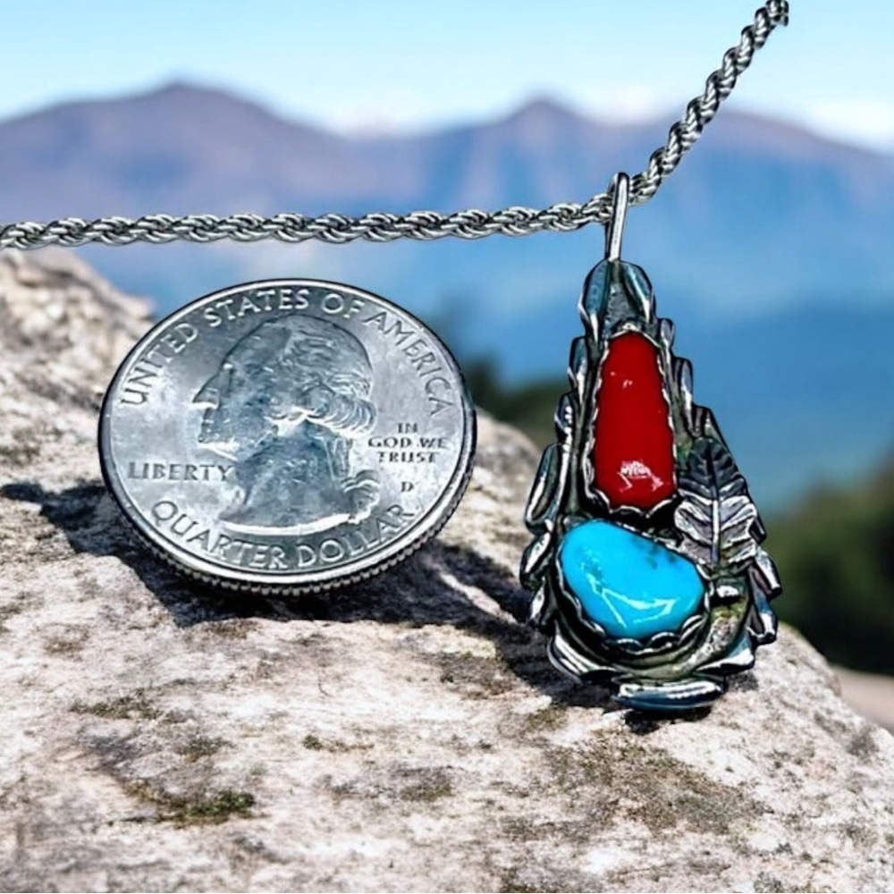 🌺Vintage Zuni Vance Cheama Sterling, Turquoise & Coral Necklace - Picture 9 of 11